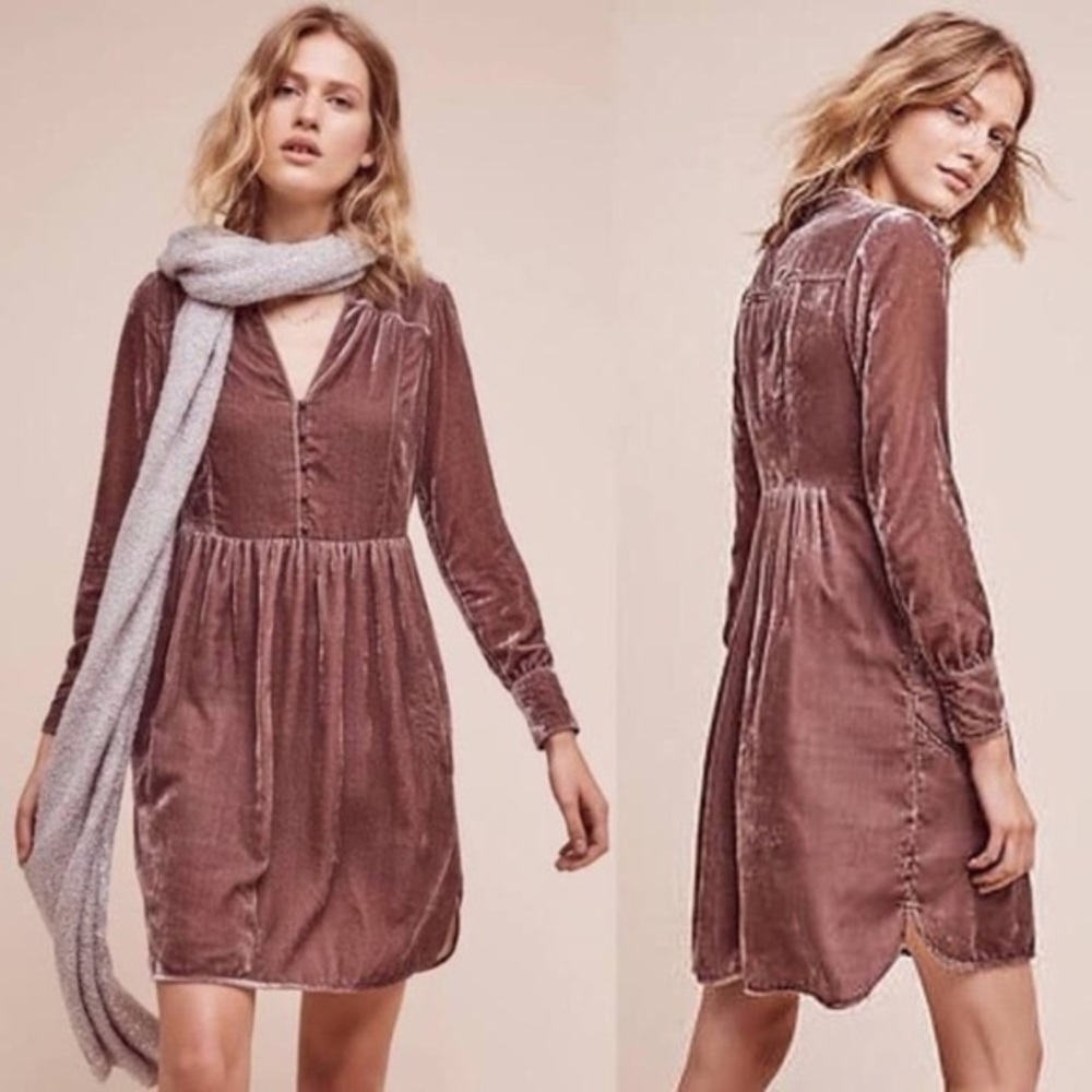 Anthropologie Mauve Velvet Long-Sleeve Dress